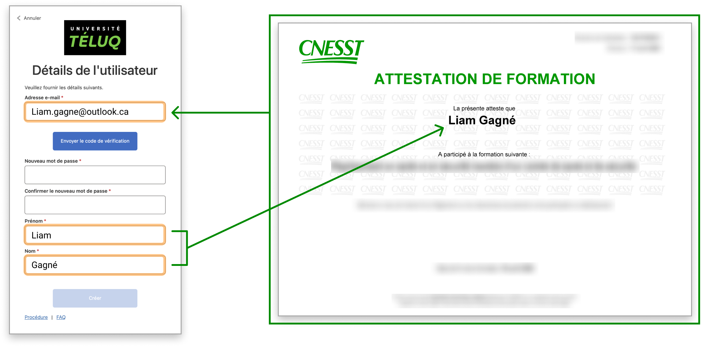 Aperçu visuel : l'adresse courriel saisie dans le formulaire TÉLUQ sert à l'envoi de l'attestation, et les champs Prénom et Nom y apparaissent tels qu'ils sont écrits sur l'attestation CNESST.
